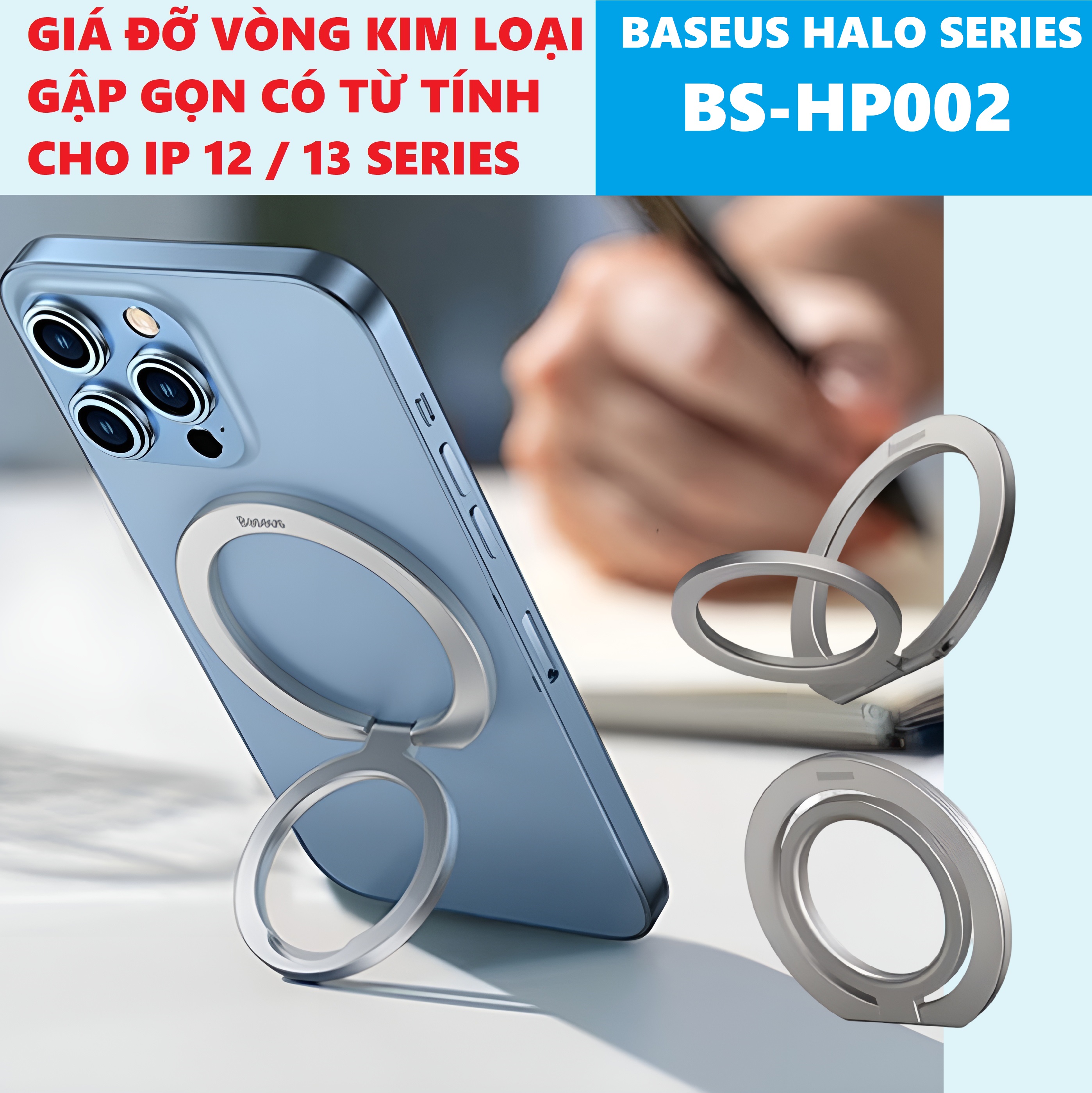 Giá đỡ chiếc nhẫn vòng kim loại gập gọn có nam châm cho iP 12, 13 series Baseus Halo Series BS-HP002 _ Hàng chính hãng