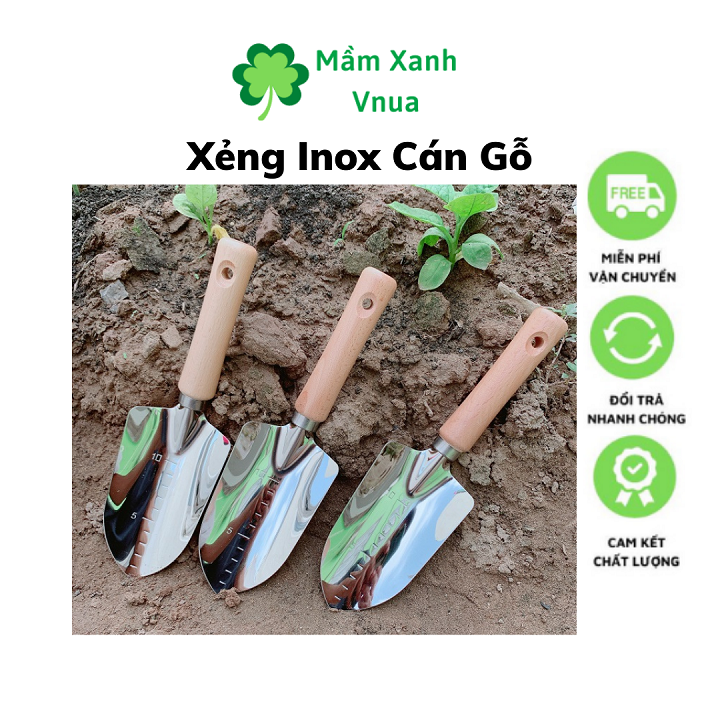 Xẻng Làm Vườn Cầm Tay Inox Cao Cấp 28cm - Xẻng Cán Gỗ Nhật Bản DT1080