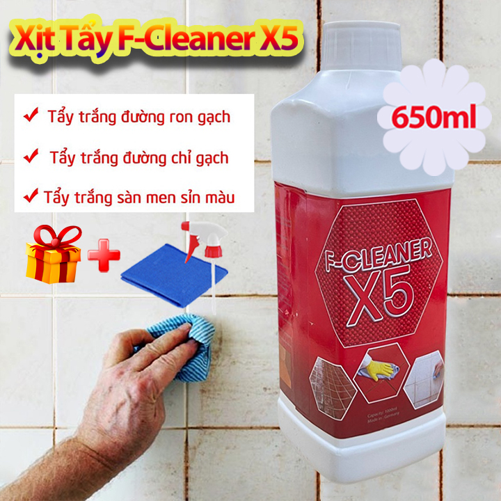 Nước Tẩy Trắng Vệ Sinh Sàn Nhà Dạng Xịt F-Cleaner X5 650ml Làm Sạch Bề Mặt Sàn Đá Hóa, Đường Chỉ Gạch + Tặng Khăn Lau