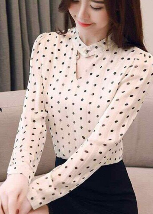 Áo kiểu nữ họa tiết chấm bi cổ trụ đẹp, thích hợp mặc công sở hoặc dự tiệc
