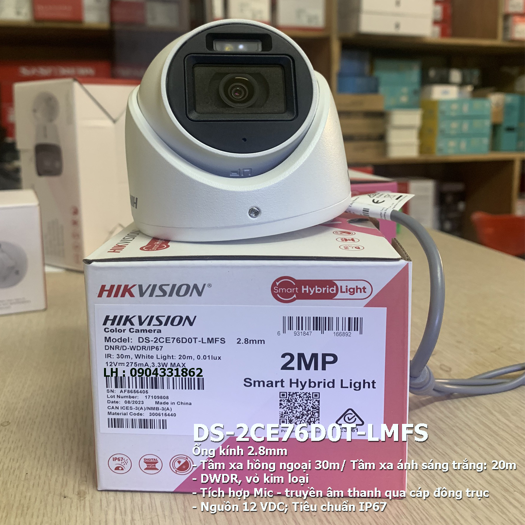 Camera Hikvision 2.0Mp full color tích hợp MIC  sử dụng với đầu ghi hình . DS-2CE16D0T-LFS, DS-2CE76D0T-LMFS, DS-2CE17D0T-LFS - Hàng chính hãng