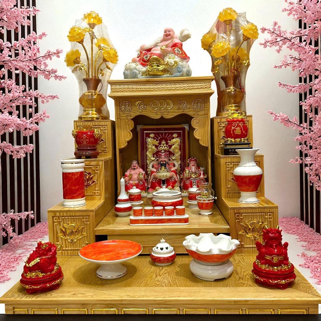 Bộ đồ thờ thần tài RỒNG VIỆT, Bộ đồ sứ men đá đỏ cao cấp, sang trọng