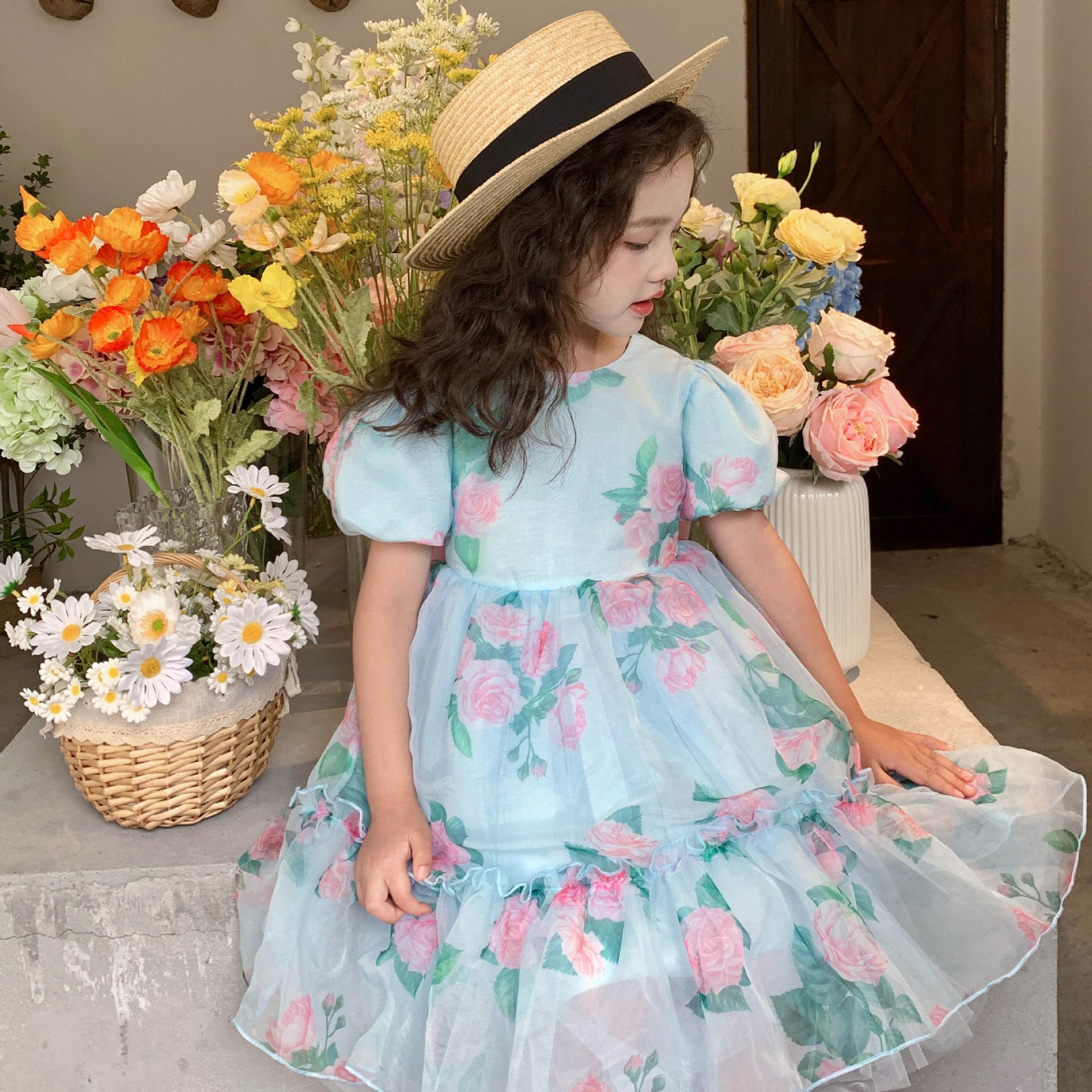 Đầm váy babydoll tay phồng cho bé gái hoa hồng diện đi chơi đi học du lịch đẹp size 12-40kg hàng thiết kế