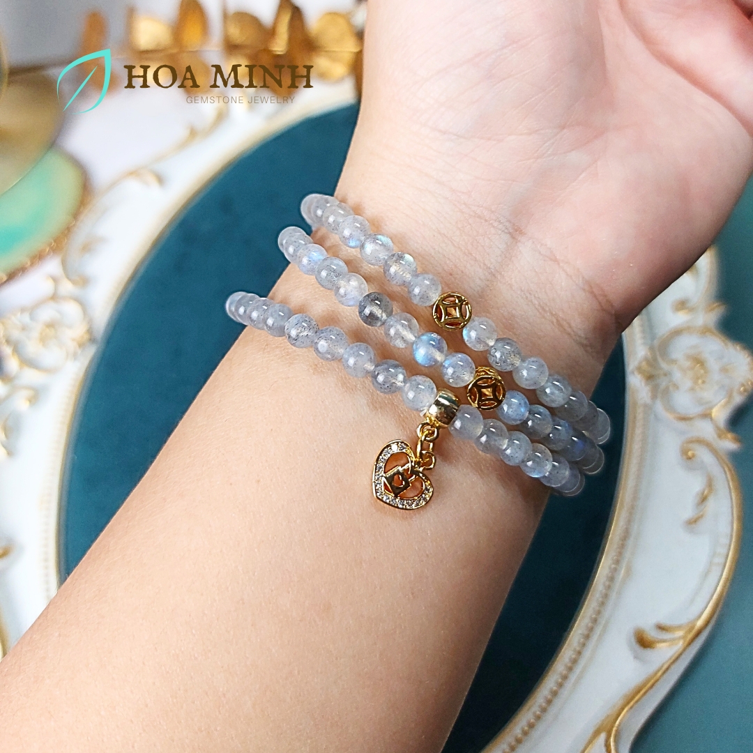 Vòng tay chuỗi 108 hạt đá xà cừ Labradorite Hắc Nguyệt Quang tự nhiên phối charm kim tiền, trái tim ổ khóa đính đá