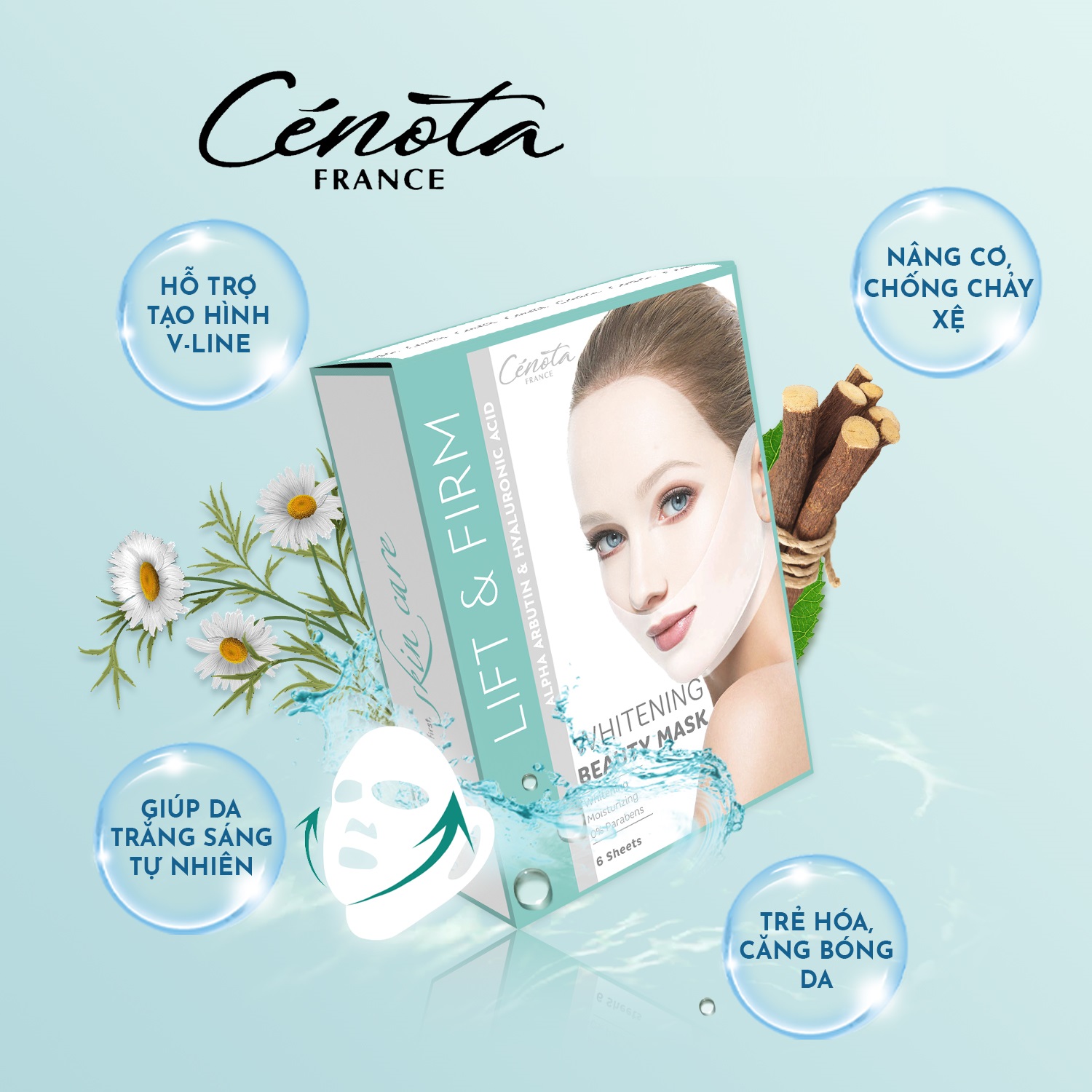 Mặt nạ trắng da Nâng cơ Tạo hình Vline Cenota Whitening Beauty Mask Hộp 6 Miếng