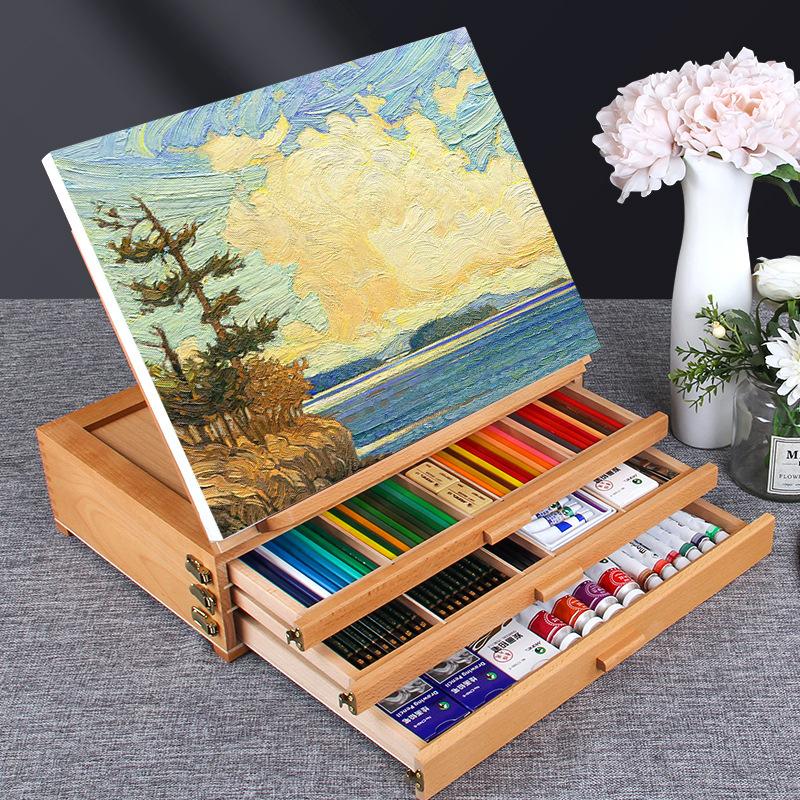 Phong cách mới nhất hộp vẽ để bàn giá vẽ loại ngăn kéo bảng vẽ hộp đựng tranh nhiều lớp hai trong một lưu trữ dầu phấn màu để bàn