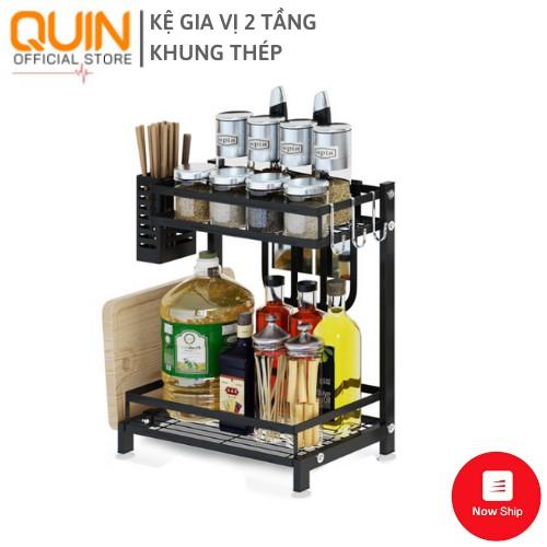 Kệ gia vị 2 tầng INOX sơn tĩnh điện đen 2 TẦNG có chỗ để dao thớt - Để đồ nhà bếp đa năng tiện dụng