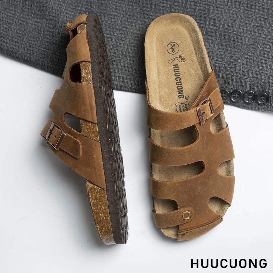 Dép unisex Huucuong bít mũi da bò nâu đế trấu handmade