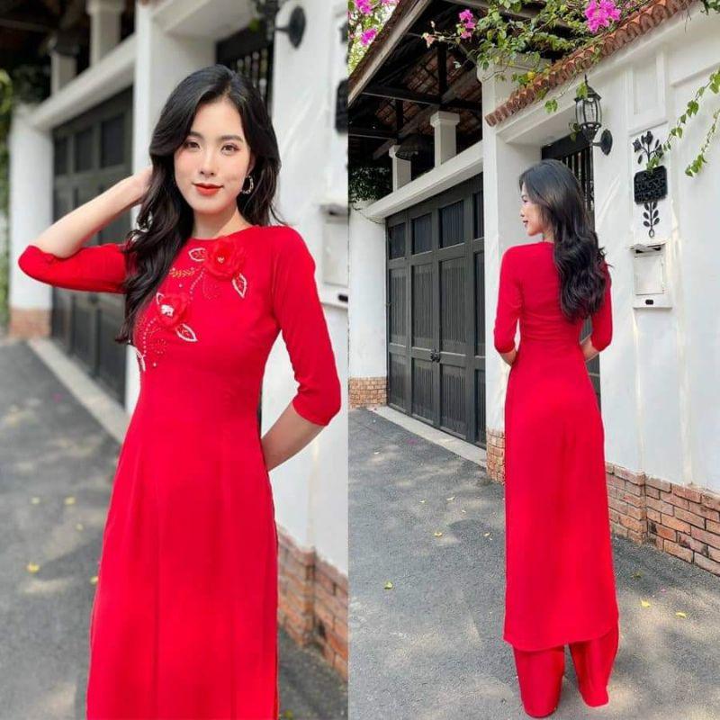 SÉT ÁO DÀI LỤA TRUYỀN THỐNG TAY PHỒNG KẾT HOA XINH XẮN