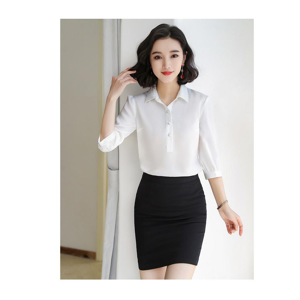 Áo sơ mi nữ công sở cổ sơ mi 5 khuy ngực, chất phi lụa mềm mát, thời trang trẻ, phong cách Hàn Quốc