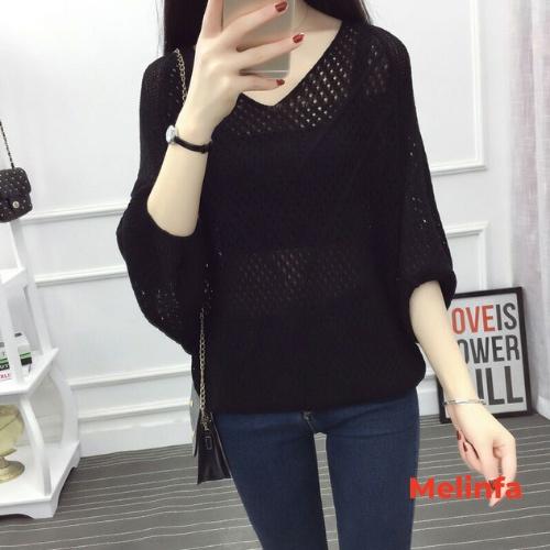 Áo len nữ mỏng cổ V cánh dơi dập lỗ len dệt kim mềm mịn co giãn mặc mùa hè mã VAA0315