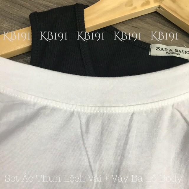 Set đầm body 3 lỗ đen + áo lệch vai trắng thời trang XIXO -SET0004