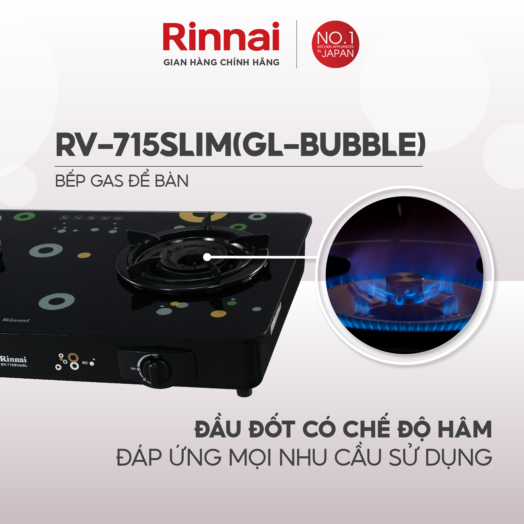 Bếp gas dương Rinnai RV-715Slim mặt bếp kính và kiềng bếp men - Hàng chính hãng.