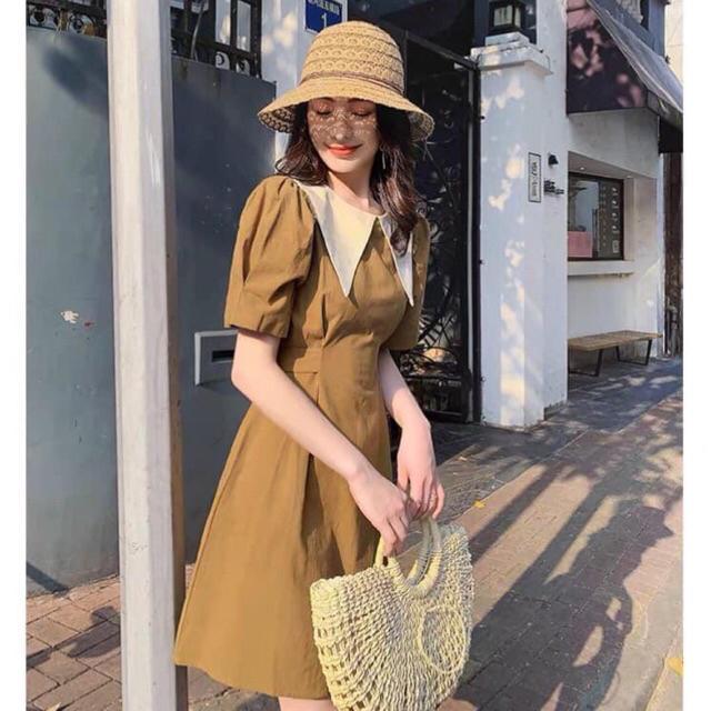 Đầm thiết kế 2021 cổ cách tân phối tay xếp nếp, Hàng Cao Cấp