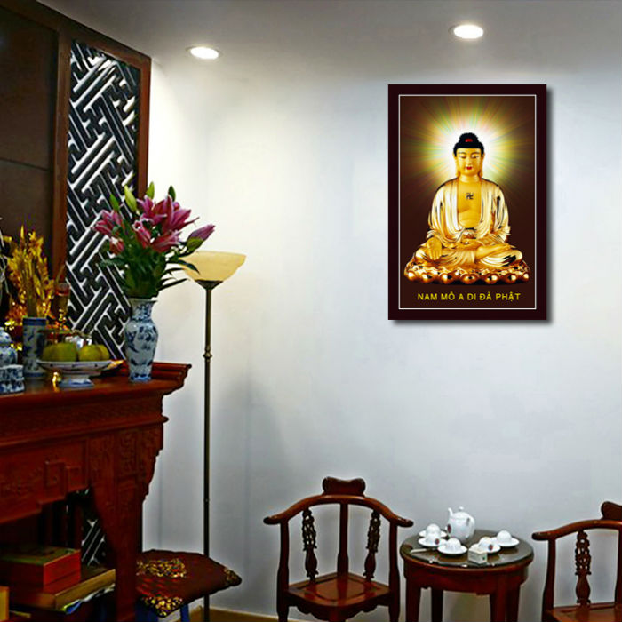 Tranh gỗ treo tường trang trí phòng thờ mẫu Phật tổ như lai ngồi trên tọa sen, thích ca mâu ni, Tranh Phật Giáo HPV-104