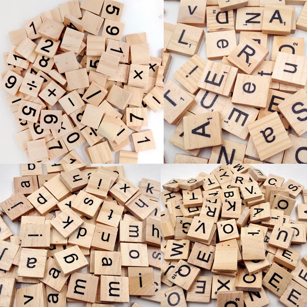 200 Pieces Wood Number Letters Tile Puzzle Blocks for Scrapbooking DIY Kids Crafts Game Toys
