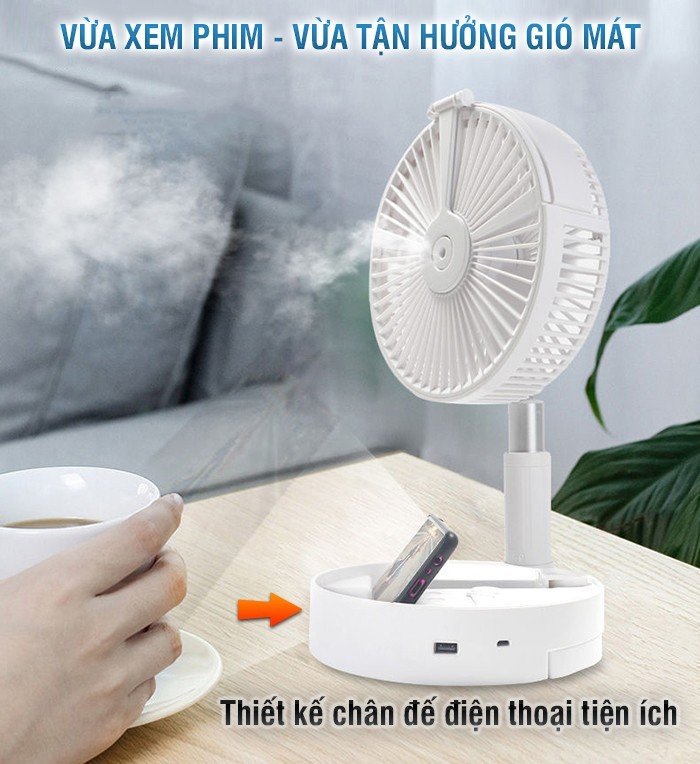 Quạt Tích Điện Pin Trâu Cỡ Lớn Kết Hợp Phun Sương, Quạt Gió Điện Mini Gấp Gọn Thông Minh, Sạc Pin, Kéo Dài 1 mét, Thiết Kế Đẹp