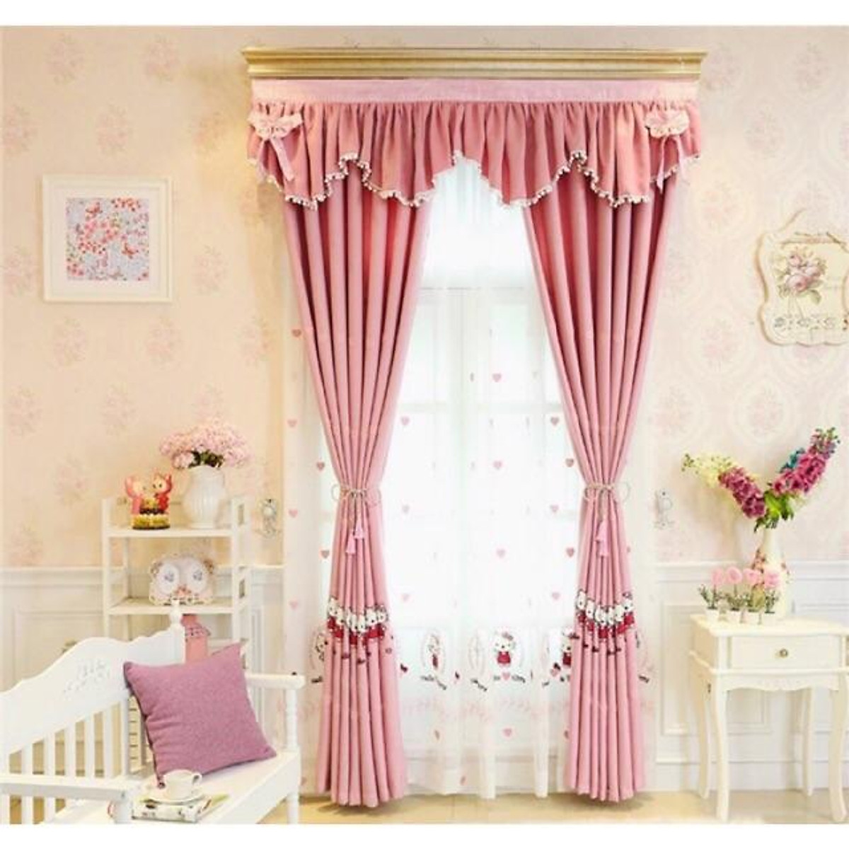 Rèm Thêu Kitty xinh xắn, rèm cửa màu hồng trang trí phòng ngủ trẻ em - Cao cố định 3.0m