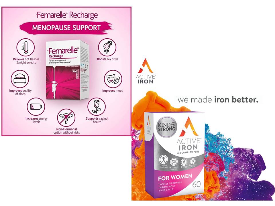 COMBO ACTIVE IRON FOR WOMEN-FEMARELLE RECHARGE: Tăng cường sắt và nhu cầu dinh dưỡng, giúp ngừa thiếu máu do thiếu sắt. Giúp cải thiện giấc ngủ, tâm trạng, giảm bốc hỏa, đổ mồ hôi đêm ....