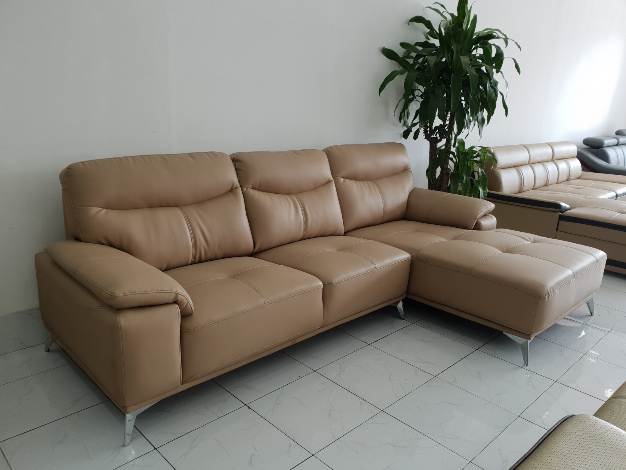 Bộ Ghế Salon Da Cao Cấp _ Sofa Phòng Khách _ Màu Kem _ Size 2700 x 1700