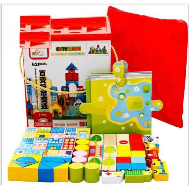 Mô hình đô thị- Đồ Chơi Gỗ Xếp Hình Giao Thông Thành Phố - Ghép hình sáng tạo- Có hộp thả khối