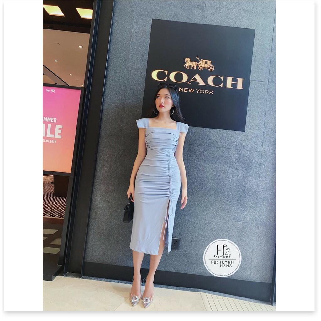 Đầm body cổ vuông nhúng eo xẻ tà