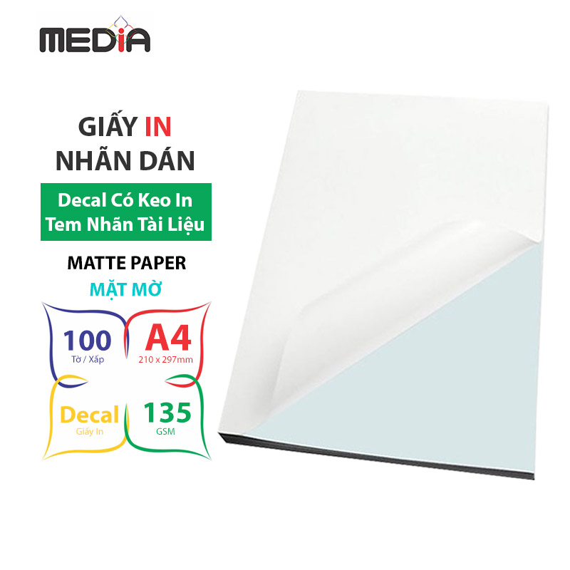 Giấy In Nhãn Dán (Decal) Media Mặt Mờ A4 100 Tờ - Hàng chính hãng