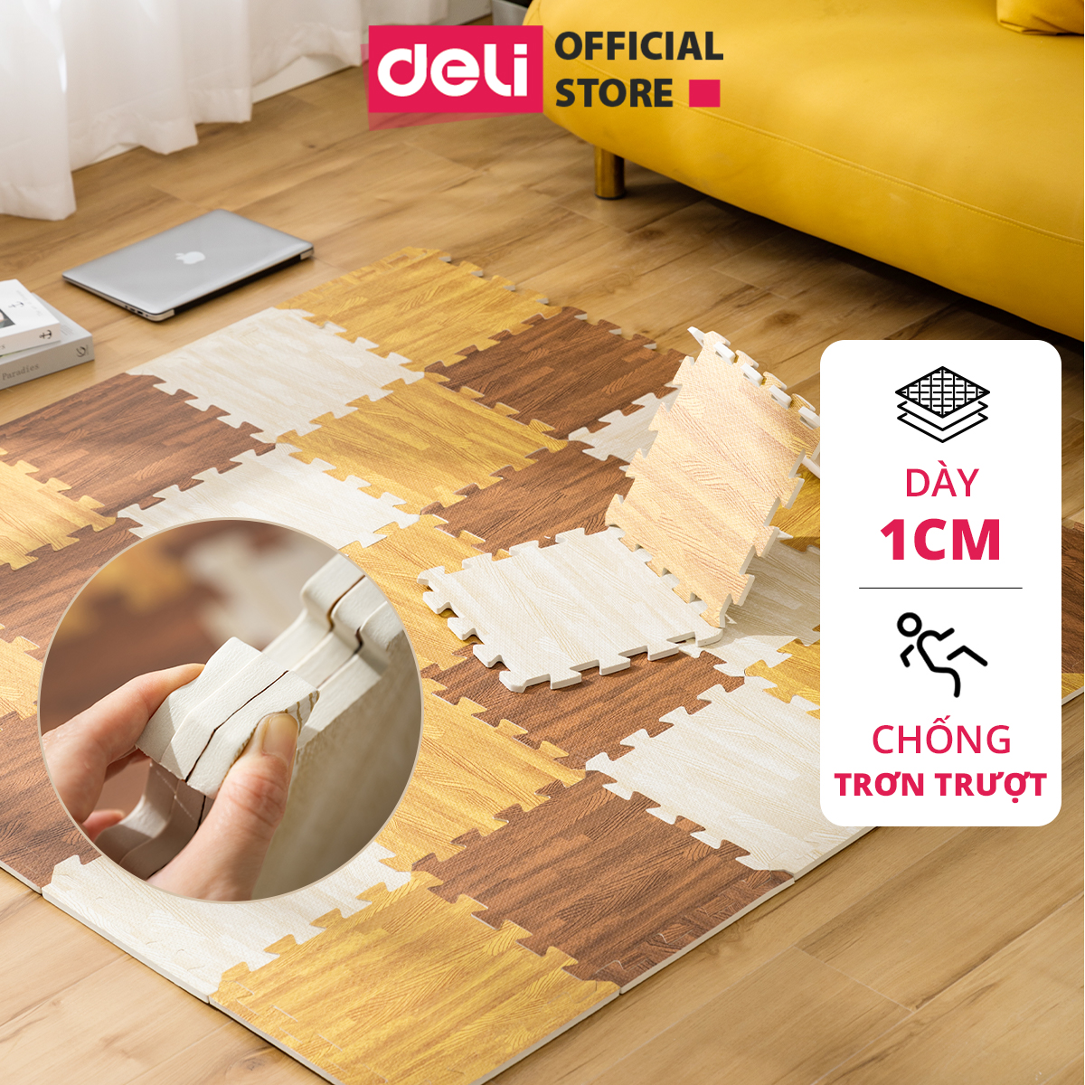 Set 9 Miếng Thảm Xốp Ghép Sàn Vân Gỗ Dày Dặn Không Mùi Size 30x30 Mới Đẹp Deli - Thảm Xốp Cho Bé Phù Hợp Phòng Khách Phòng Ngủ - VS998