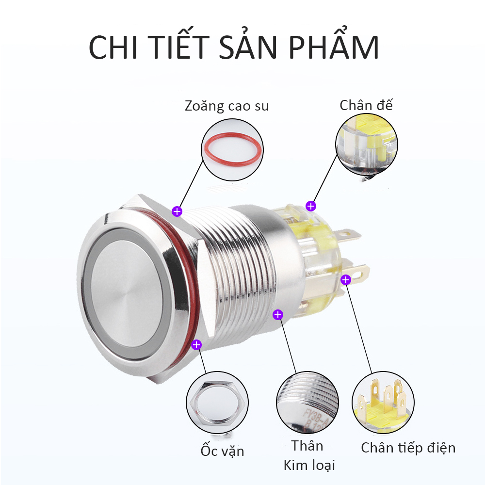 Công tắc nhấn giữ tự khóa có đèn LED 16mm (Điện áp 220V), Chất liệu INOX, Chống ngấm nước