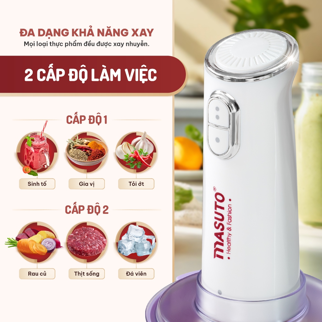 Máy xay thịt đa năng Masuto Fivestar 1L cối thủy tinh, tặng cối xay hạt xay gia vị, xay khỏe siêu nhanh nhuyễn mịn - Hàng chính hãng