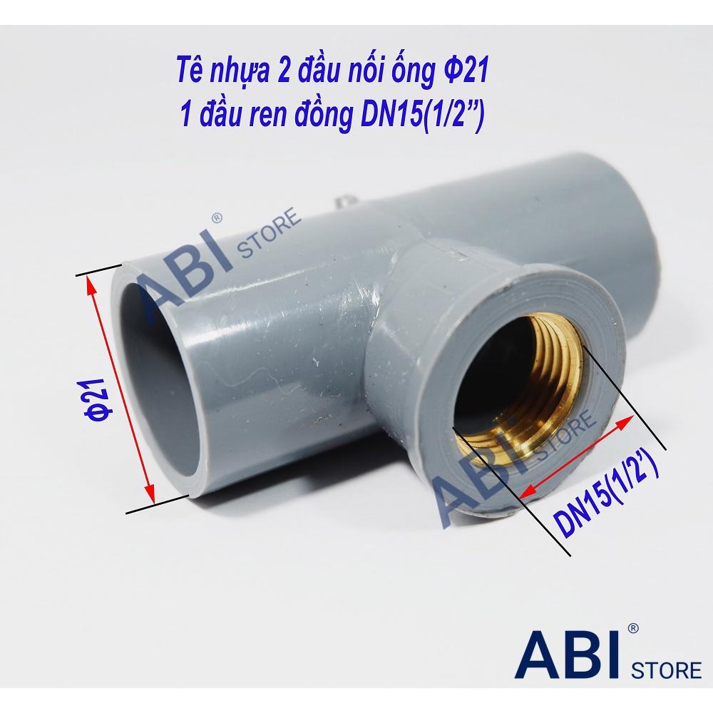 Tê nhựa ren đồng 21, 27-21, Tê ren trong đồng dn15 2 đầu nối ống phi 21, phi 27