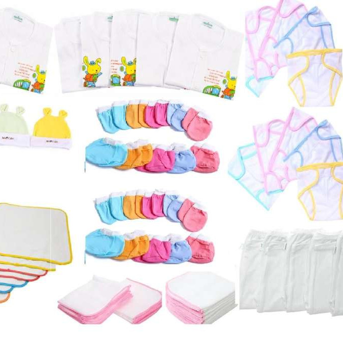 Set 85 Món Đồ Dùng Cho Bé Sơ Sinh( 10 áo trắng nút giữa + 15 tã + 15 khăn + 10 cặp bao tay + 10 cặp bao chân + 5 nón + 5 quần + 15 tã lót