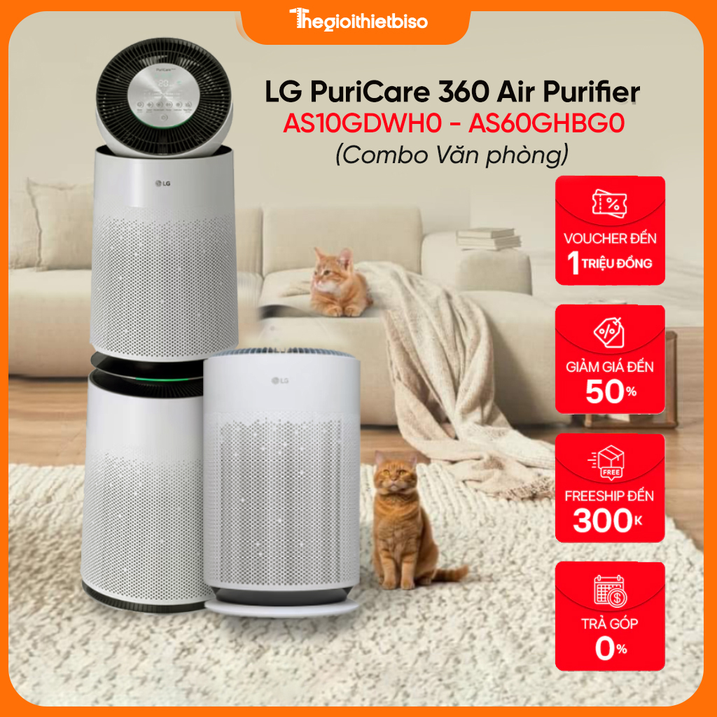 [COMBO VĂN PHÒNG] Máy lọc không khí LG PuriCare360 - AS10GDWH0-2 tầng và AS60GHWG0 1 tầng - Hàng chính hãng LG