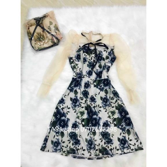 TBL-Đầm Phối Lưới Nơ Cổ Có Mút Ngực (Kèm Hình Thật Trải Sàn Shop Tự Chụp) TASA