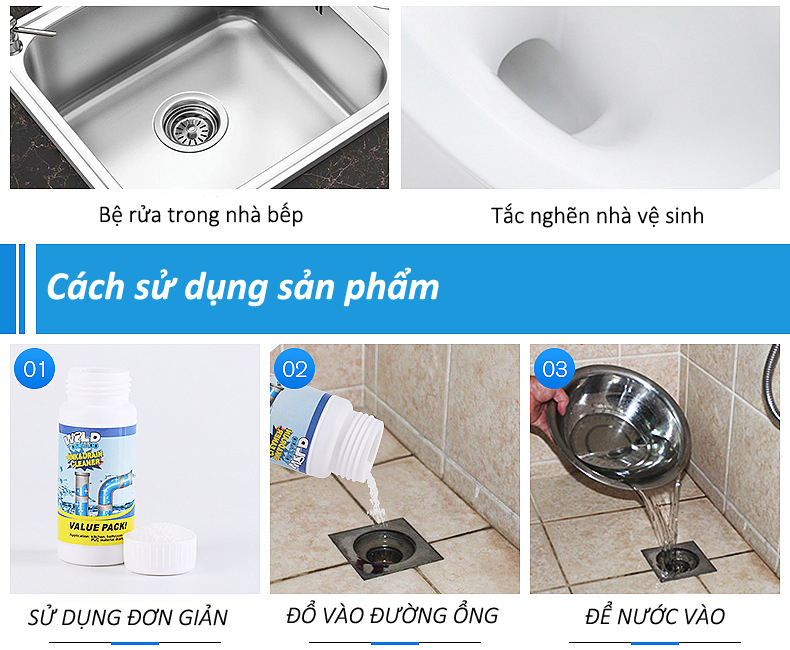 [ComBo 2 Hộp] Bột Thông Tắc Cống Cực Mạnh-TVS55-Bột Thông Bồn Cầu, Thông Tắc Ngẽn Cống, Lavabo-110G