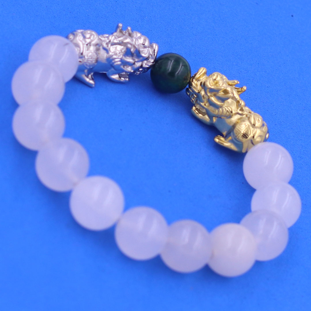 Vòng chuỗi đeo tay đa thạch anh trắng 12 ly charm tỳ hưu đôi inox trắng và vàng, vòng chuỗi phong thủy, charm tỳ hưu, vòng tay hạt chuỗi