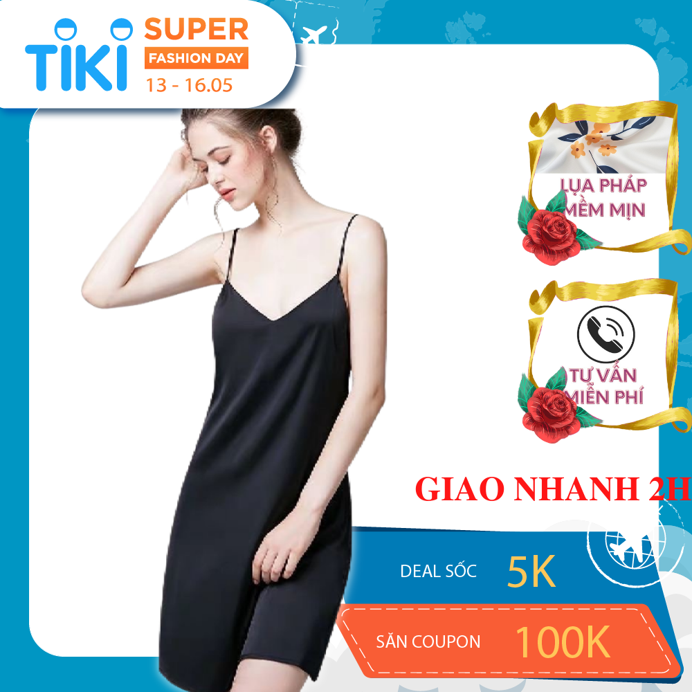 Váy ngủ nữ, váy lụa 2 dây VILADY - V129 dáng suông màu ĐEN huyền bí, chất liệu lụa Pháp cao cấp ( lụa latin)