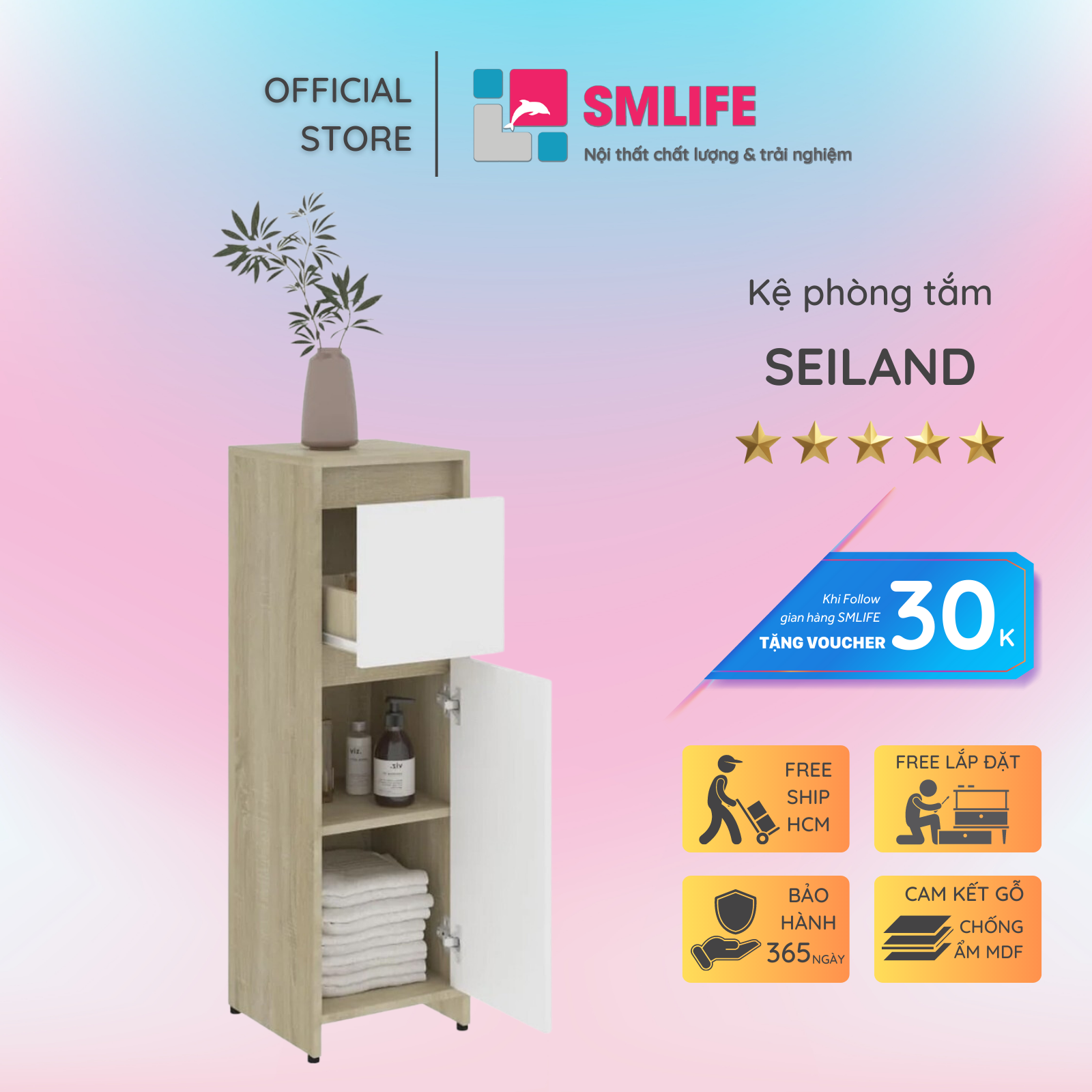 Tủ phòng tắm gỗ hiện đại SMLIFE Seiland | Gỗ MDF dày 17mm chống ẩm | D30xR30xC95cm