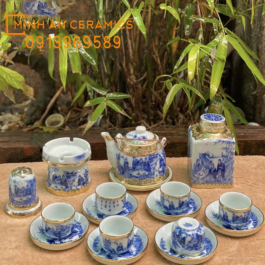 Bộ trà bát tràng bọc đồng giả vuốt hoa văn trúc lâm thất hiền gốm Minh An Bát tràng