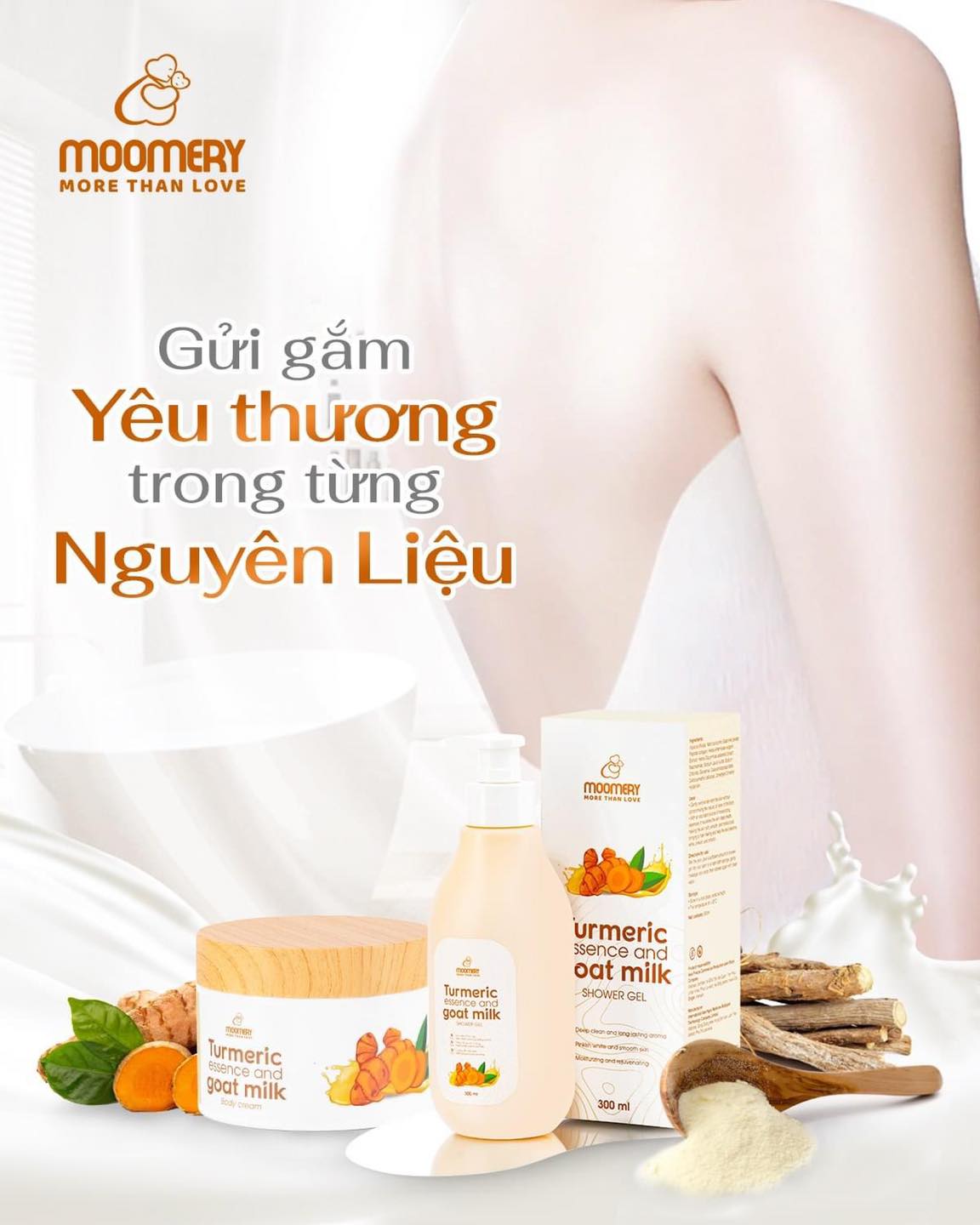 Bộ Đôi Sữa Tắm &amp; Kem Body Tinh Nghệ Cốt Đặc Sữa Dê Moomery