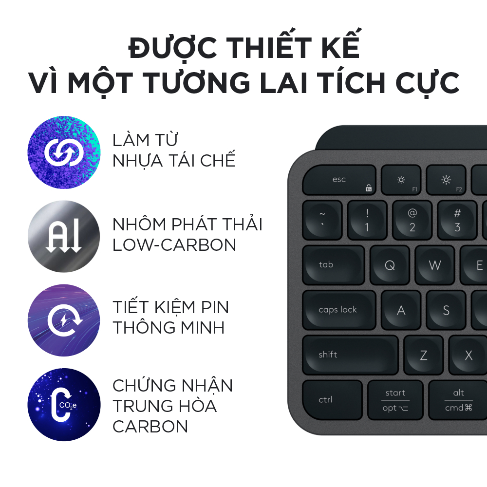 Bàn phím không dây Logitech MX Keys S - Low Profile yên tĩnh, Đèn nền, Bluetooth, Sạc USB-C - Hàng chính hãng