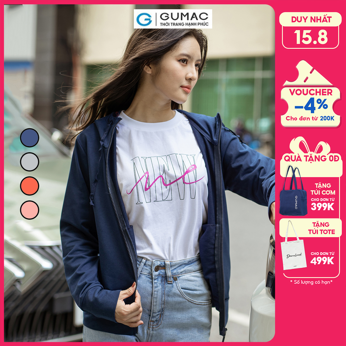 Áo khoác nữ phối khóa kéo có nón chống nắng trẻ trung năng động thời trang GUMAC AD05062 - AD05063 - AD05093