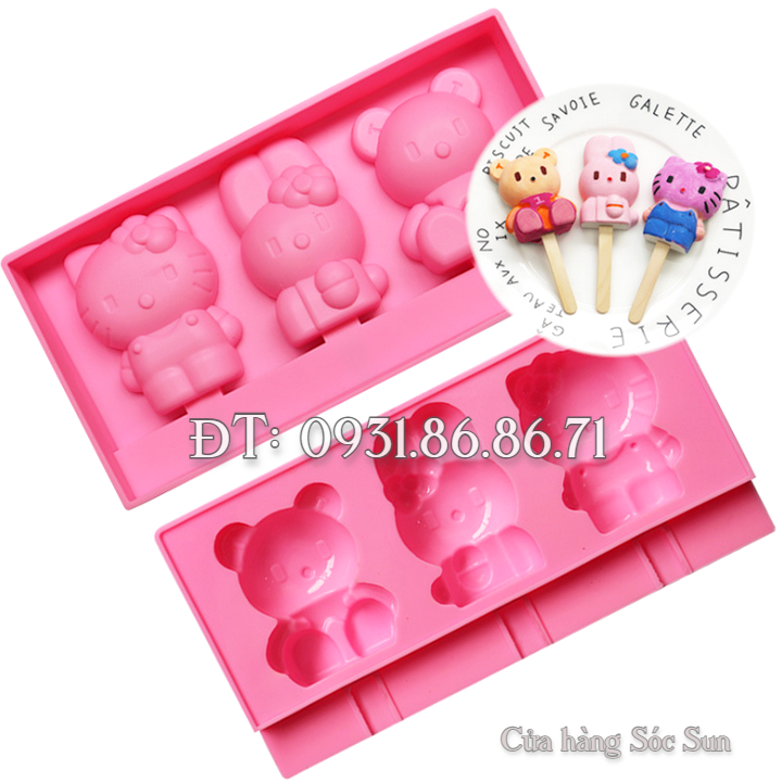 Khuôn silicon 3 con thỏ, mèo Kitty, gấu con – Mã số 1422