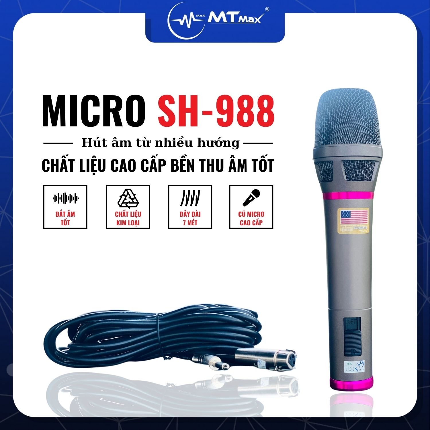 Micro Có Dây SH988 Sang Trọng Bền Bỉ Hát Hay Chất Âm Dày, Tiếng Đầy Đặn Dây Dài 7 Mét Hàng Chính Hãng