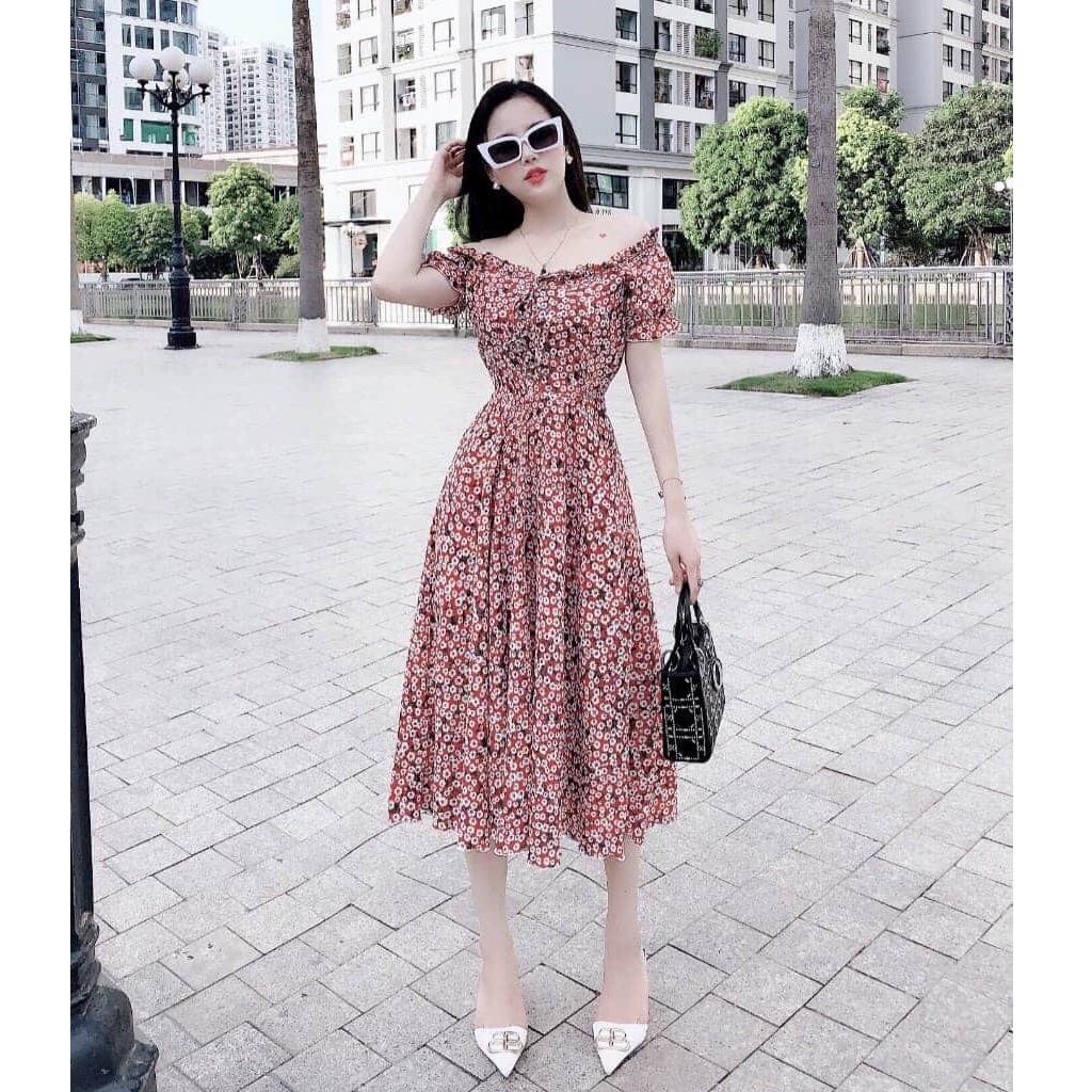 Đầm Xòe Lụa Hoa Trễ Vai - Hậu Nguyễn Store