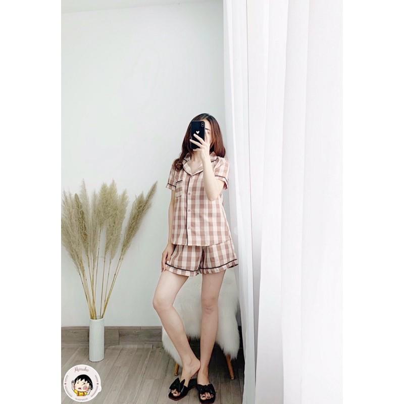 Bộ ngủ pijama chất thô mềm hoạ tiết kẻ caro