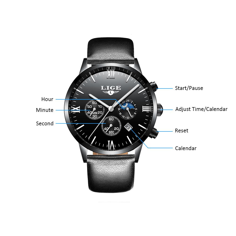 Đồng hồ đeo tay đơn giản Lịch ngày Giờ phút Hiển thị thứ hai Hẹn giờ 3ATM Chống thấm nước LIGE 9831