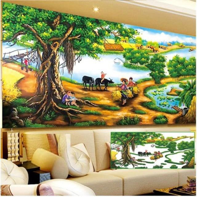 Tranh thêu chữ thập Cây đa đầu làng lv3013-124x62cm