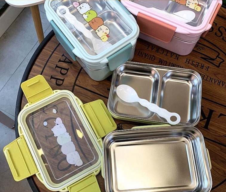 Hộp đựng cơm hai tầng chia ngăn ruột bằng inox tặng kèm thìa nhựa - ANTH218