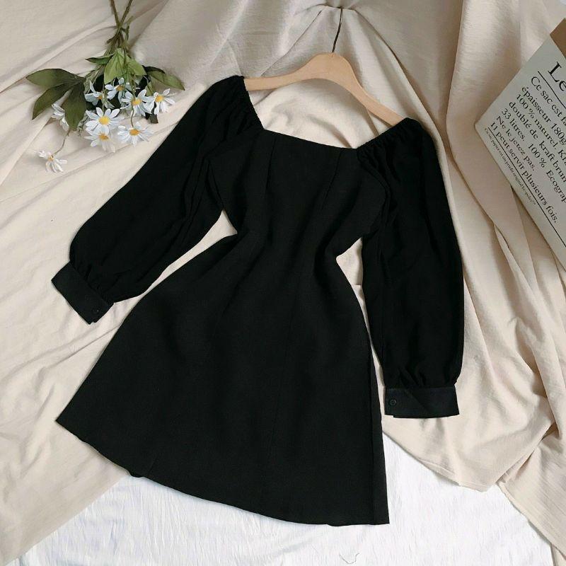ĐẦM RETRO ĐEN CỔ VUÔNG TAY DÀI